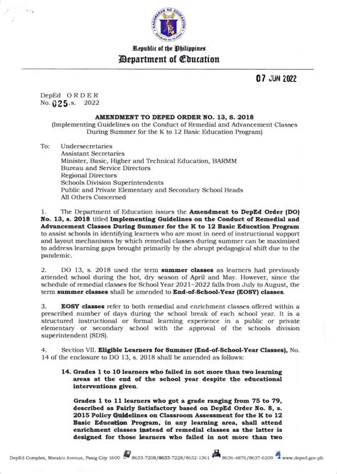DepEd Order 25 s 2022 Amendment to DepEd Order (DO) No. 13 .